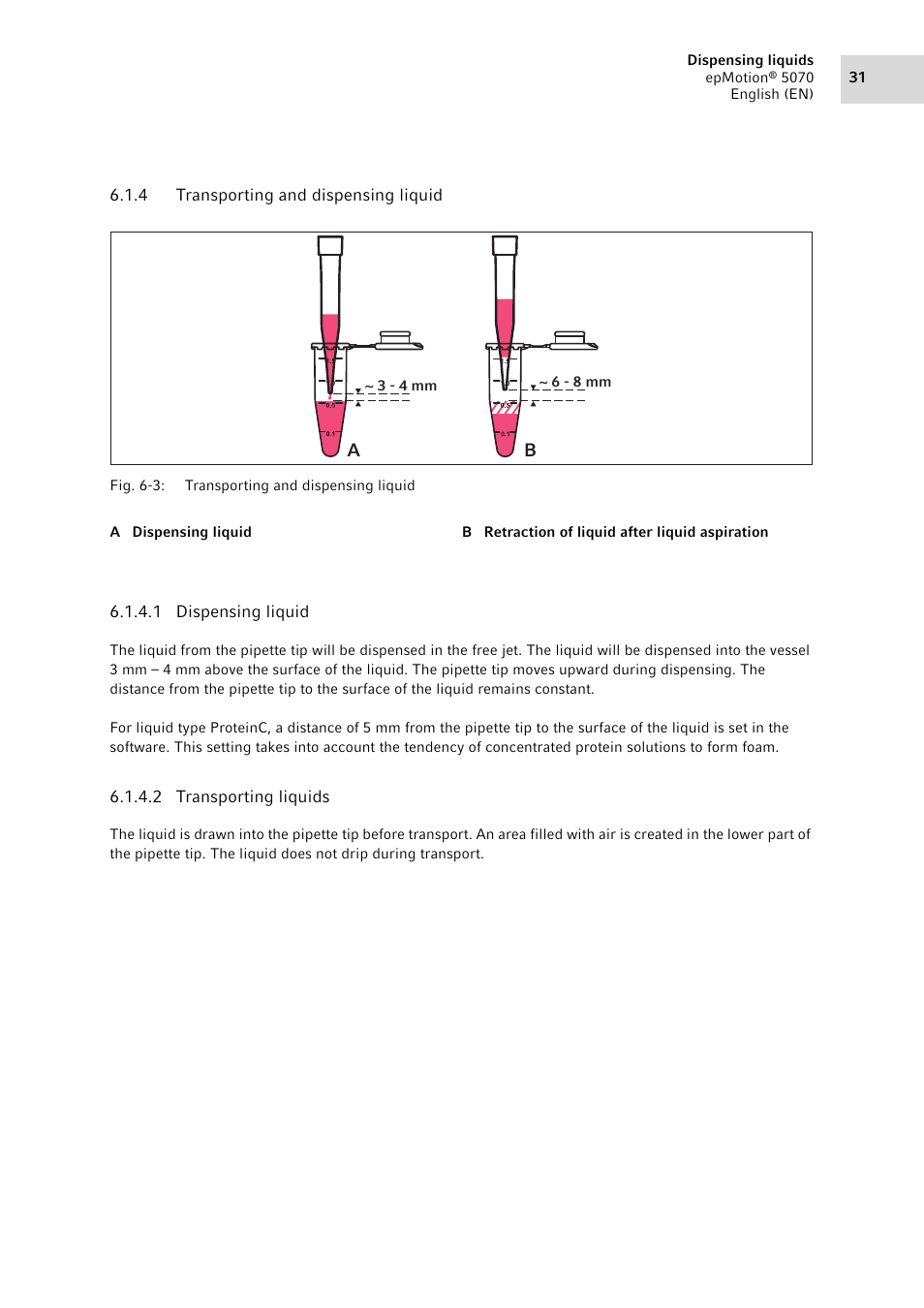 4 transporting and dispensing liquid, Transporting and dispensing liquid | Eppendorf epMotion 5070 User Manual | Page 31 / 100