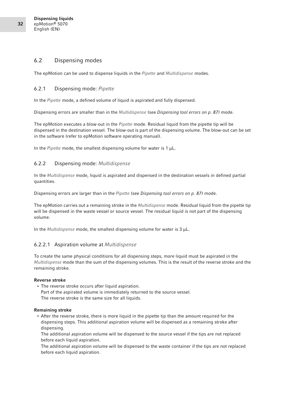 2 dispensing modes, 1 dispensing mode: pipette, 2 dispensing mode: multidispense | Dispensing modes 6.2.1, Dispensing mode: pipette, Dispensing mode: multidispense | Eppendorf epMotion 5070 User Manual | Page 32 / 100