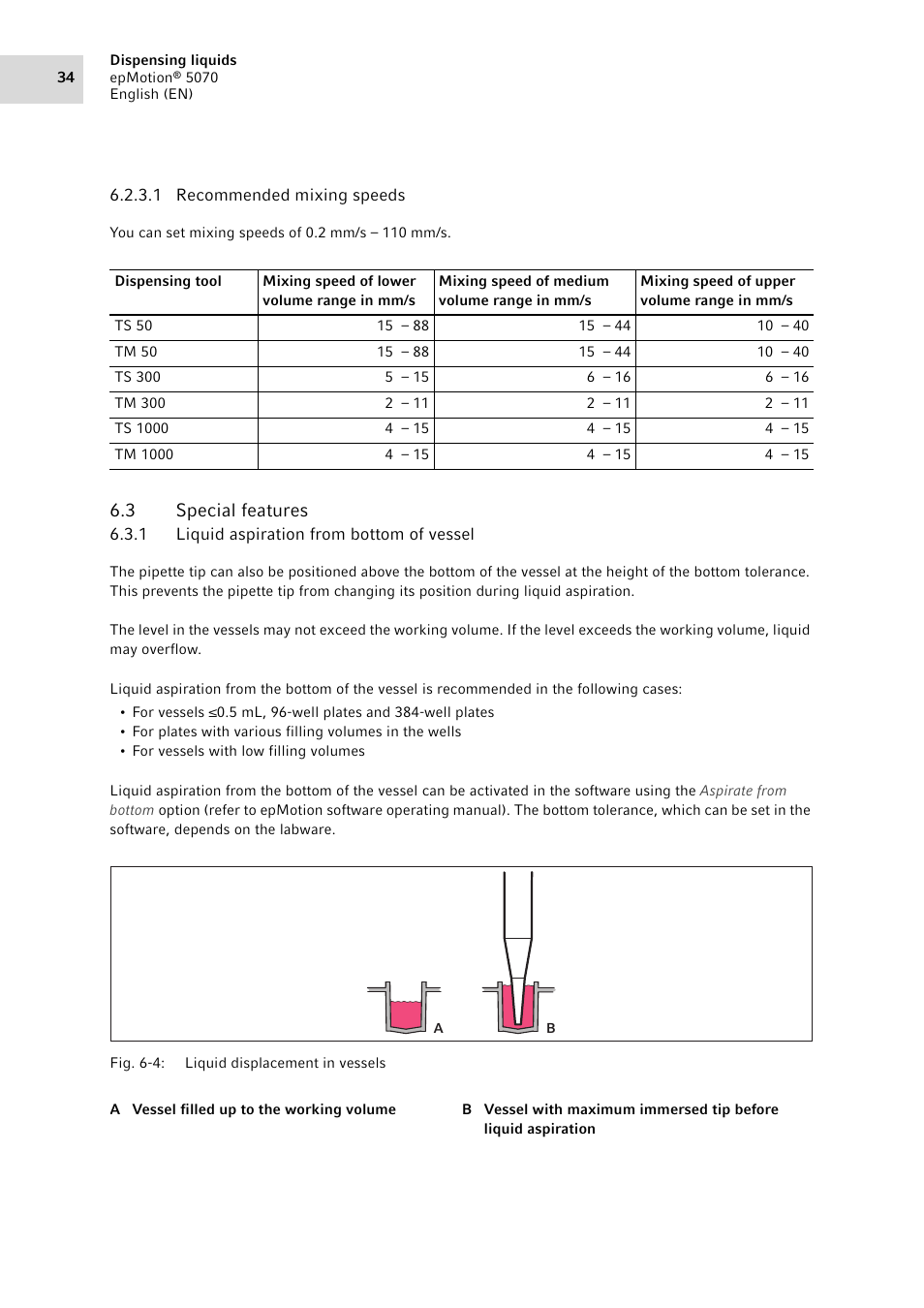 3 special features, 1 liquid aspiration from bottom of vessel, Special features 6.3.1 | Liquid aspiration from bottom of vessel | Eppendorf epMotion 5070 User Manual | Page 34 / 100