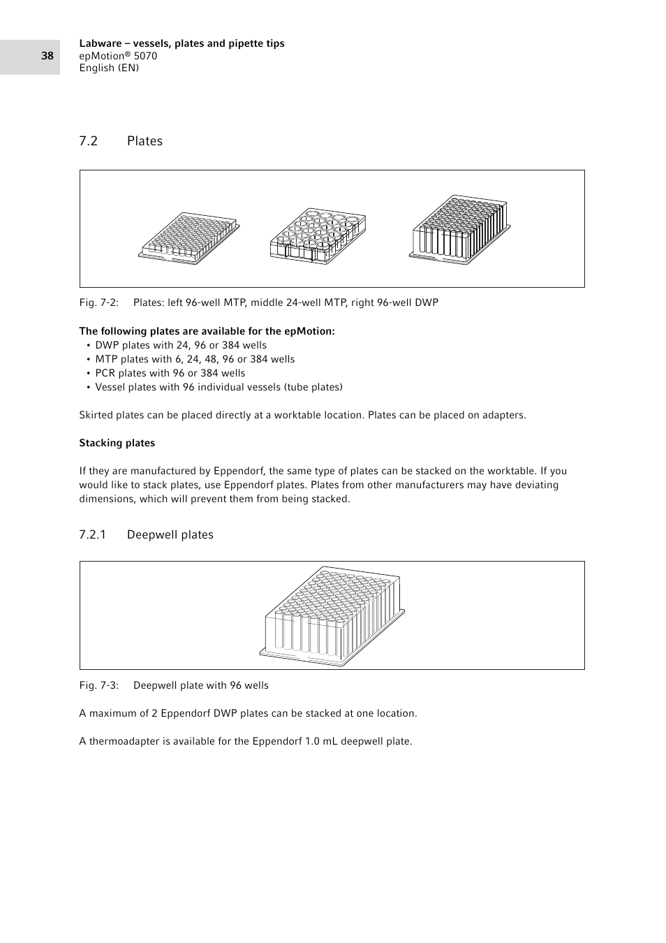 2 plates, 1 deepwell plates, Plates 7.2.1 | Deepwell plates | Eppendorf epMotion 5070 User Manual | Page 38 / 100