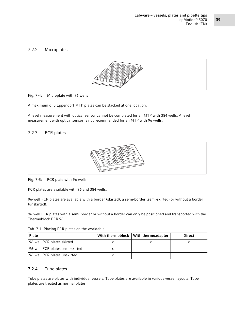 2 microplates, 3 pcr plates, 4 tube plates | Microplates, Pcr plates, Tube plates | Eppendorf epMotion 5070 User Manual | Page 39 / 100