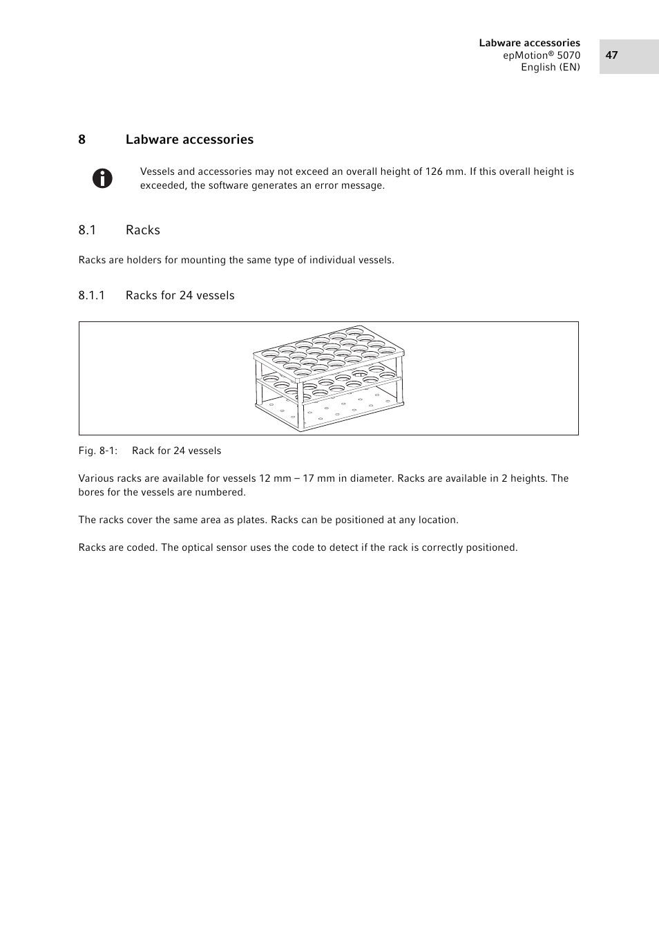 8 labware accessories, 1 racks, 1 racks for 24 vessels | Labware accessories 8.1, Racks 8.1.1, Racks for 24 vessels, 8labware accessories 8.1 racks | Eppendorf epMotion 5070 User Manual | Page 47 / 100