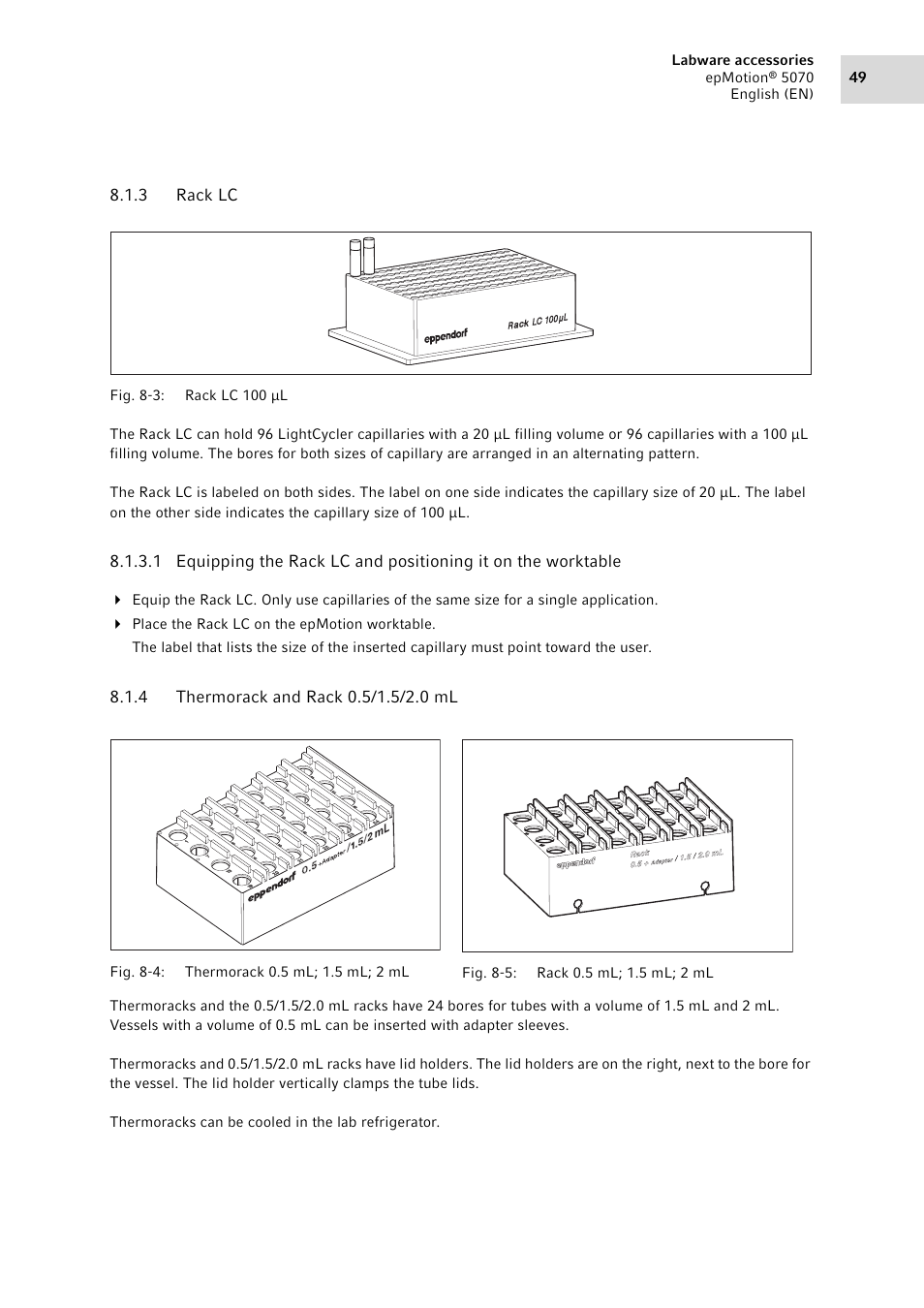 3 rack lc, 4 thermorack and rack 0.5/1.5/2.0 ml, Rack lc | Thermorack and rack 0.5/1.5/2.0 ml | Eppendorf epMotion 5070 User Manual | Page 49 / 100