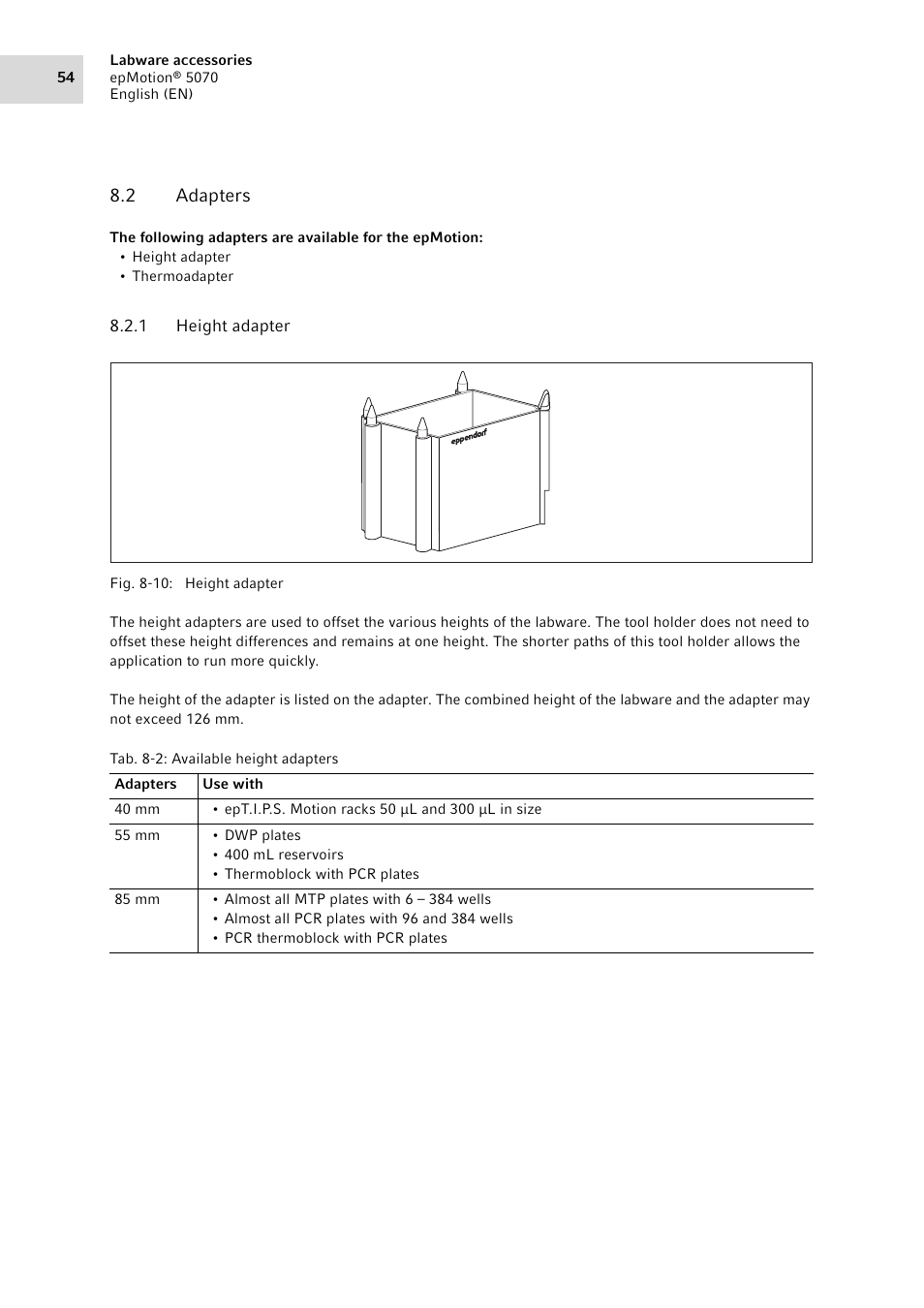 2 adapters, 1 height adapter, Adapters 8.2.1 | Height adapter | Eppendorf epMotion 5070 User Manual | Page 54 / 100