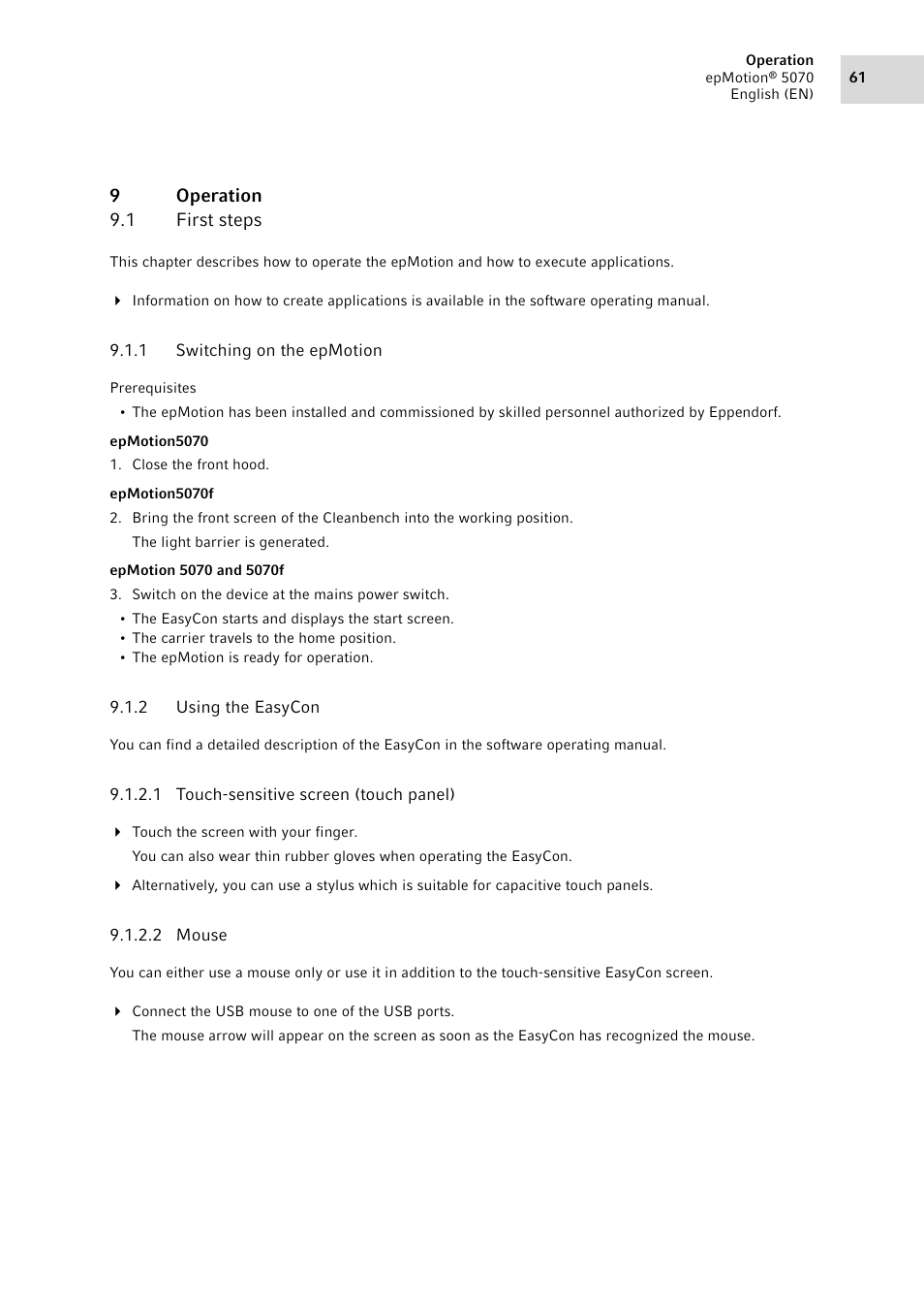 9 operation, 1 first steps, 1 switching on the epmotion | 2 using the easycon, Operation 9.1, First steps 9.1.1, Switching on the epmotion, Using the easycon | Eppendorf epMotion 5070 User Manual | Page 61 / 100