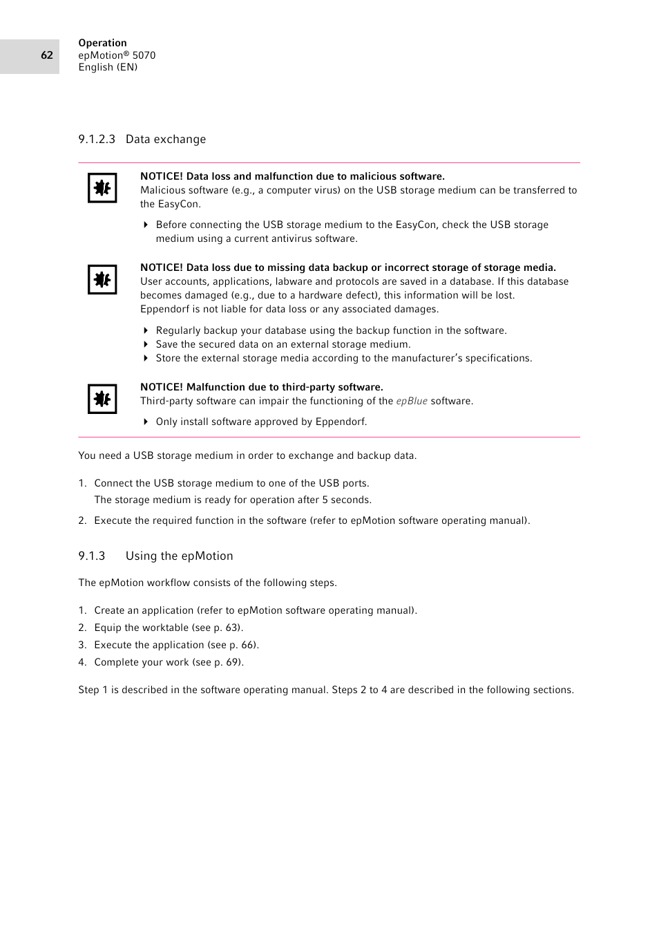 3 using the epmotion, Using the epmotion | Eppendorf epMotion 5070 User Manual | Page 62 / 100