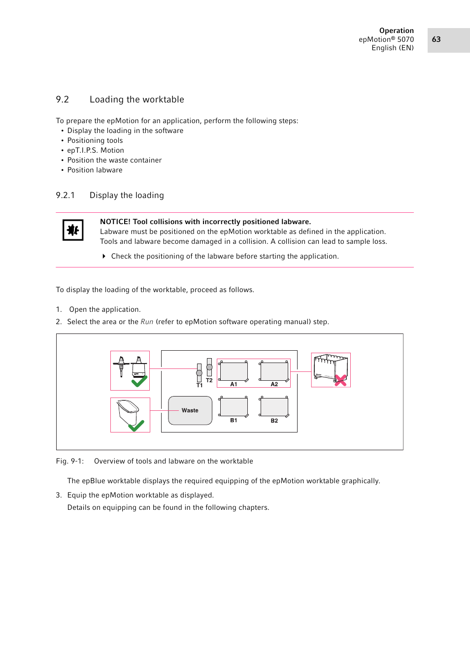 2 loading the worktable, 1 display the loading, Loading the worktable 9.2.1 | Display the loading | Eppendorf epMotion 5070 User Manual | Page 63 / 100