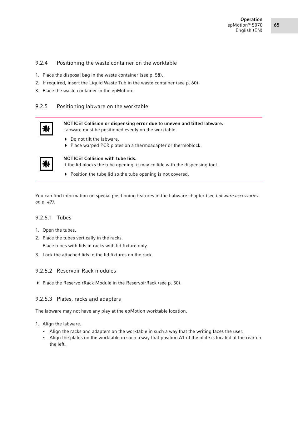 4 positioning the waste container on the worktable, 5 positioning labware on the worktable, Positioning the waste container on the worktable | Positioning labware on the worktable | Eppendorf epMotion 5070 User Manual | Page 65 / 100