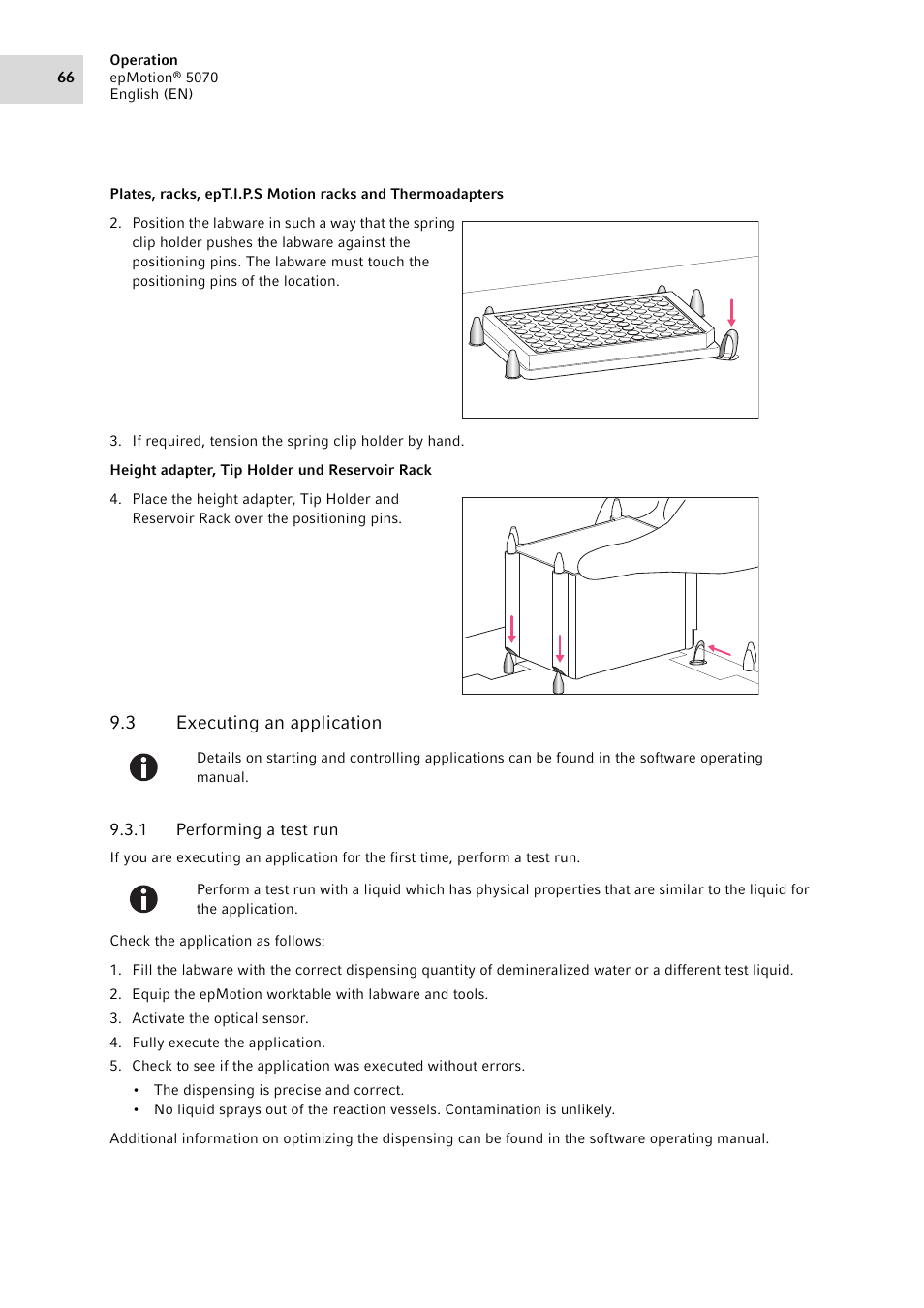 3 executing an application, 1 performing a test run, Executing an application 9.3.1 | Performing a test run | Eppendorf epMotion 5070 User Manual | Page 66 / 100