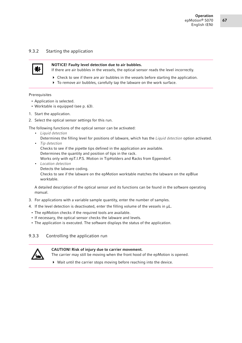 2 starting the application, 3 controlling the application run, Starting the application | Controlling the application run | Eppendorf epMotion 5070 User Manual | Page 67 / 100