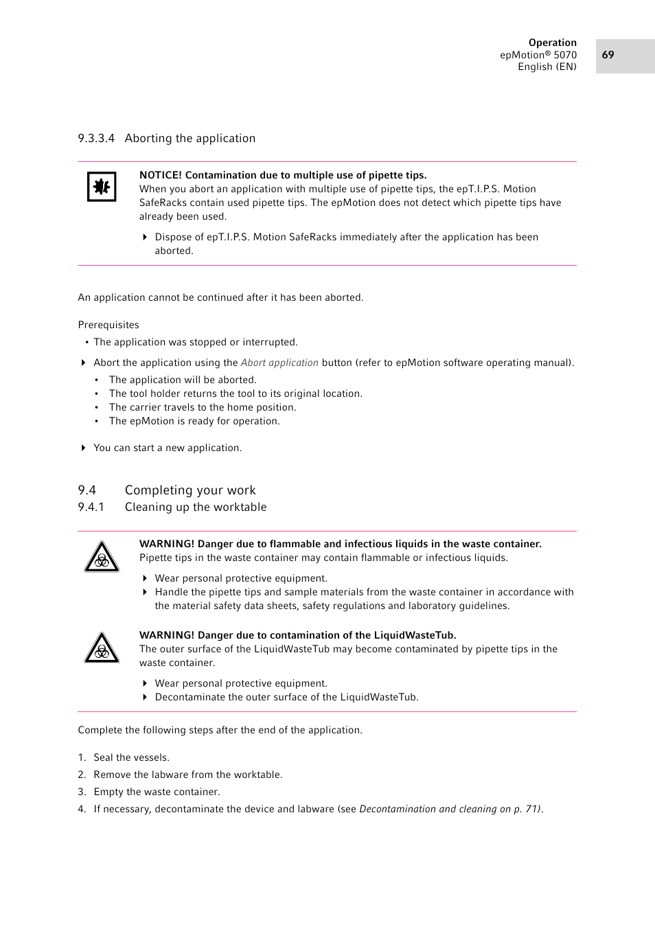 4 completing your work, 1 cleaning up the worktable, Completing your work 9.4.1 | Cleaning up the worktable | Eppendorf epMotion 5070 User Manual | Page 69 / 100