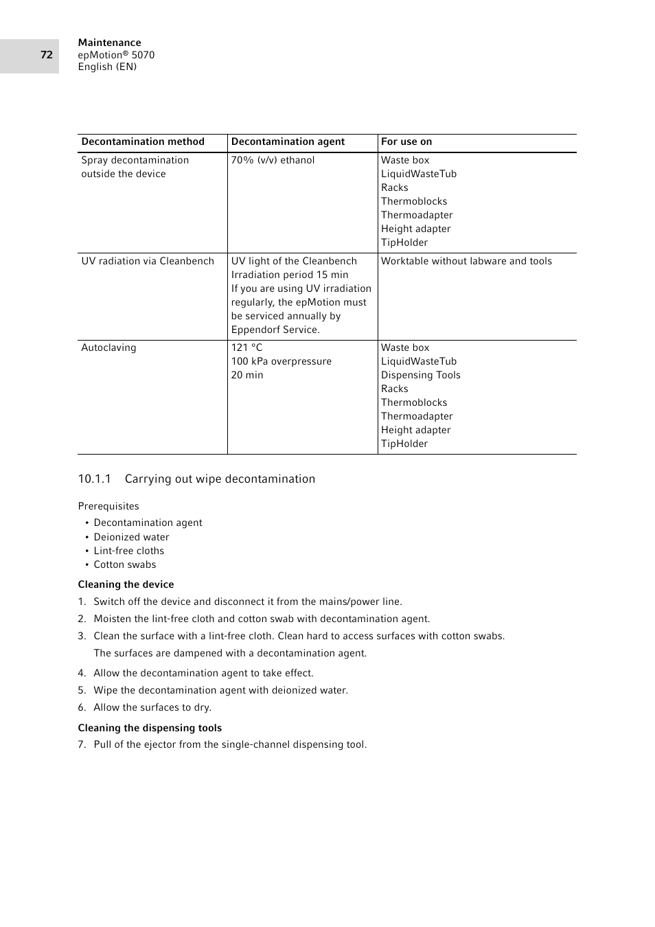 1 carrying out wipe decontamination, Carrying out wipe decontamination | Eppendorf epMotion 5070 User Manual | Page 72 / 100