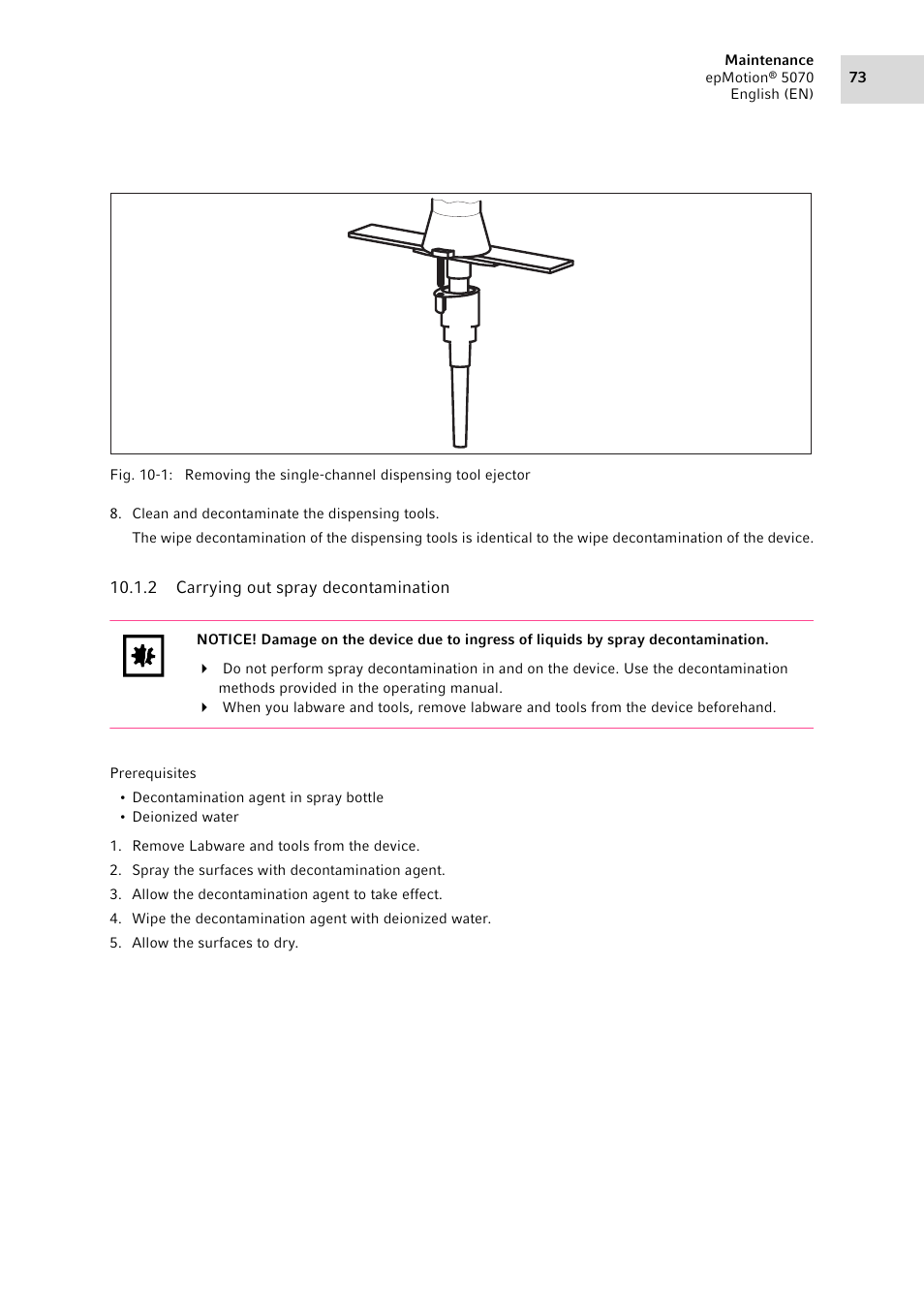 2 carrying out spray decontamination, Carrying out spray decontamination | Eppendorf epMotion 5070 User Manual | Page 73 / 100