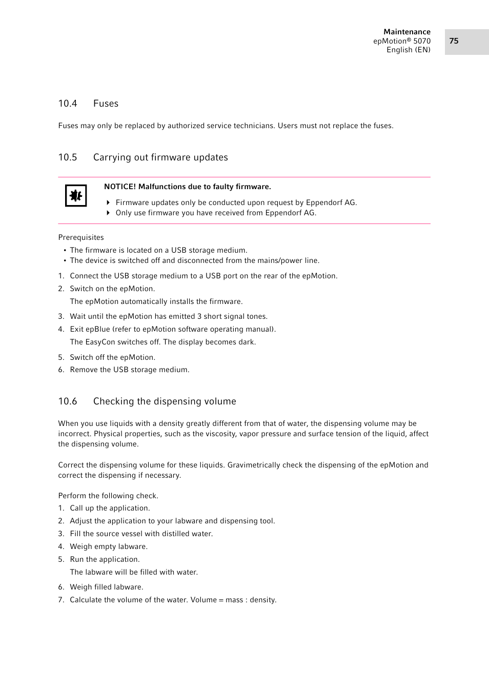 4 fuses, 5 carrying out firmware updates, 6 checking the dispensing volume | Fuses, Carrying out firmware updates, Checking the dispensing volume | Eppendorf epMotion 5070 User Manual | Page 75 / 100