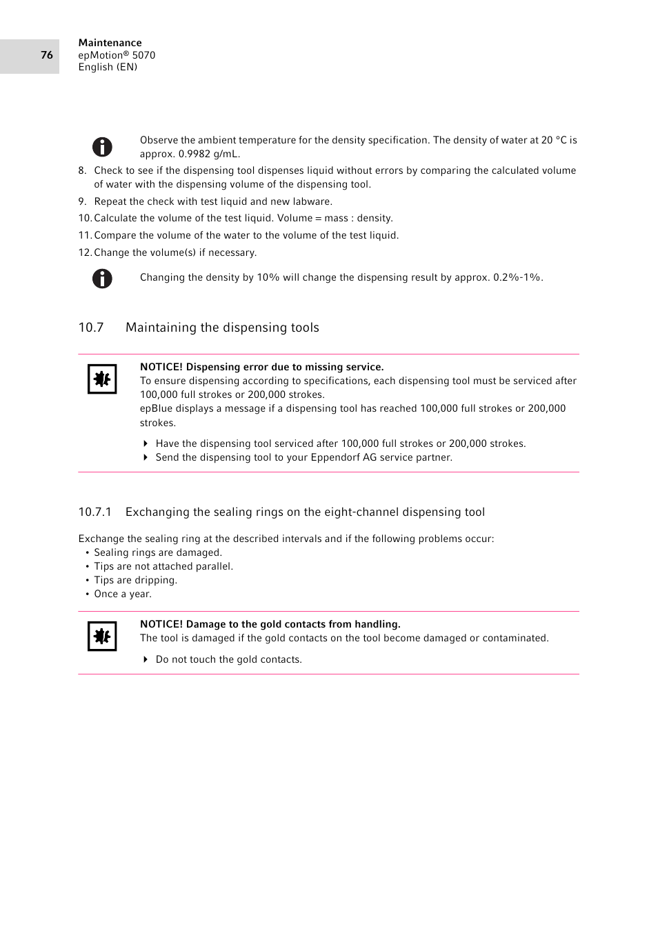 7 maintaining the dispensing tools, Maintaining the dispensing tools 10.7.1 | Eppendorf epMotion 5070 User Manual | Page 76 / 100