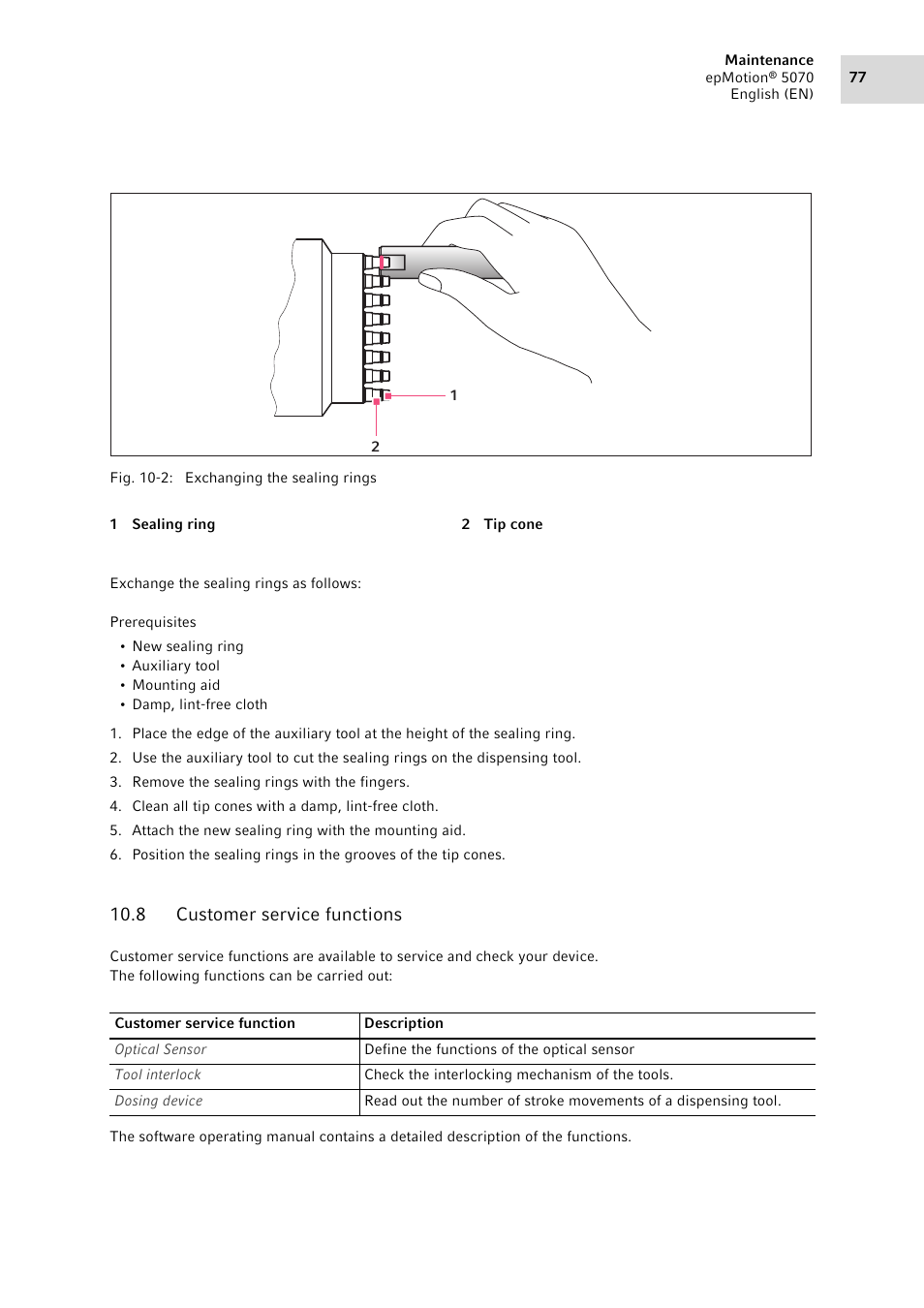 8 customer service functions, Customer service functions | Eppendorf epMotion 5070 User Manual | Page 77 / 100