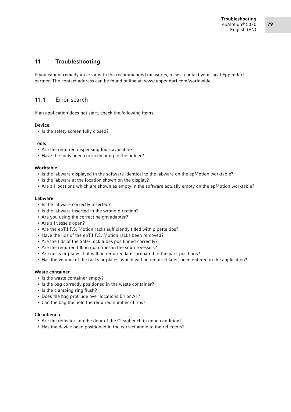 11 troubleshooting, 1 error search, Error search | Eppendorf epMotion 5070 User Manual | Page 79 / 100