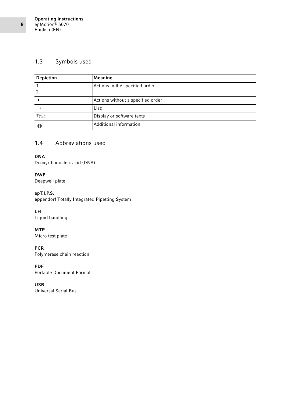 3 symbols used, 4 abbreviations used, Symbols used | Abbreviations used, 3 symbols used 1.4 abbreviations used | Eppendorf epMotion 5070 User Manual | Page 8 / 100