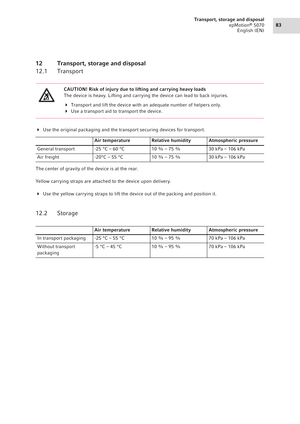 12 transport, storage and disposal, 1 transport, 2 storage | Transport, Storage | Eppendorf epMotion 5070 User Manual | Page 83 / 100