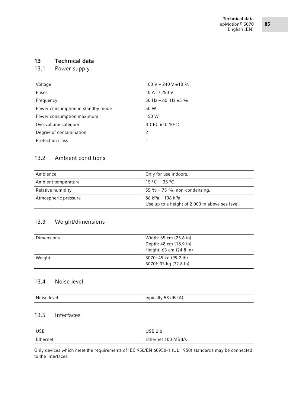 13 technical data, 1 power supply, 2 ambient conditions | 3 weight/dimensions, 4 noise level, 5 interfaces, Power supply, Ambient conditions, Weight/dimensions, Noise level | Eppendorf epMotion 5070 User Manual | Page 85 / 100