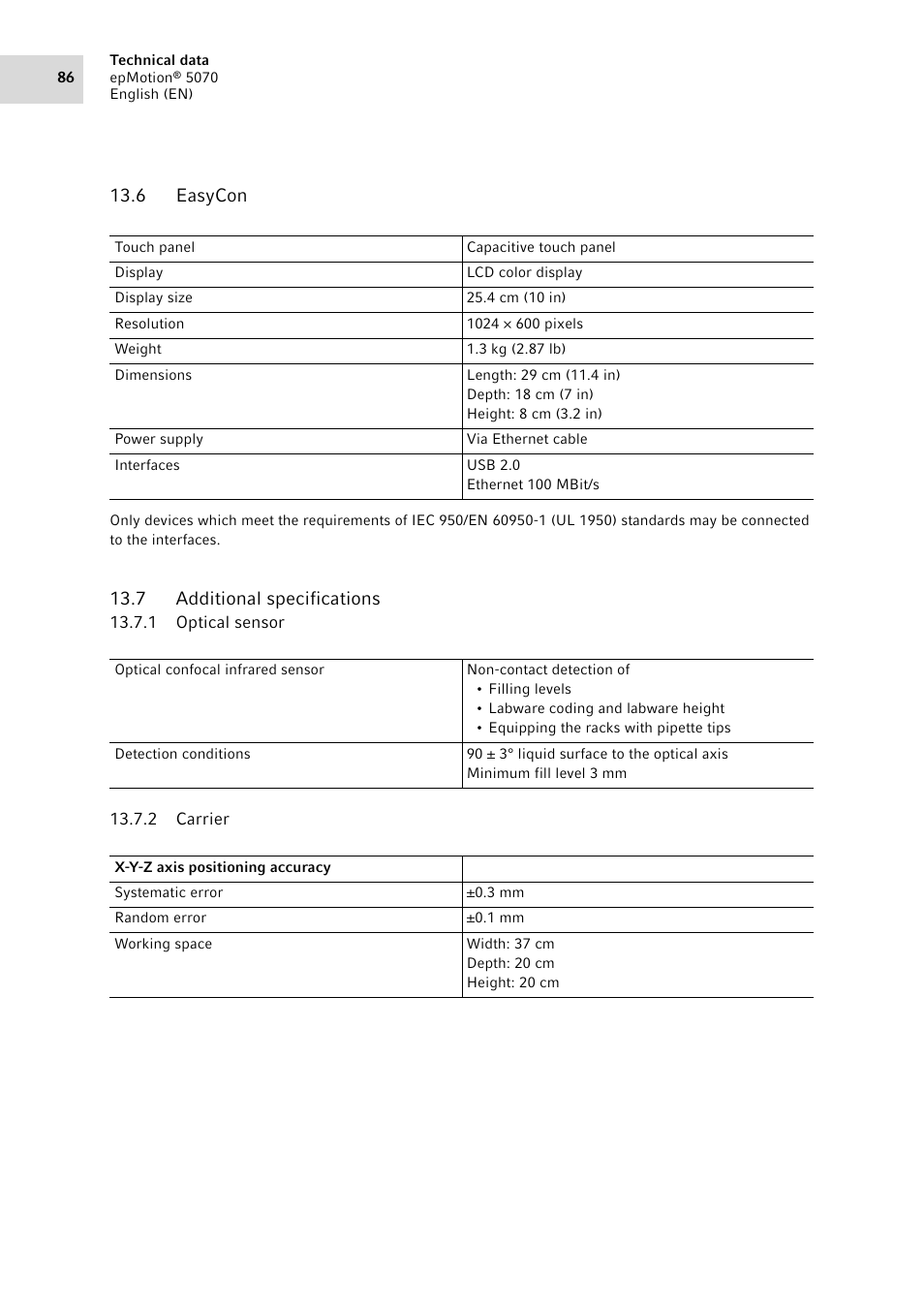 6 easycon, 7 additional specifications, 1 optical sensor | 2 carrier, Easycon, Additional specifications 13.7.1, Optical sensor, Carrier | Eppendorf epMotion 5070 User Manual | Page 86 / 100