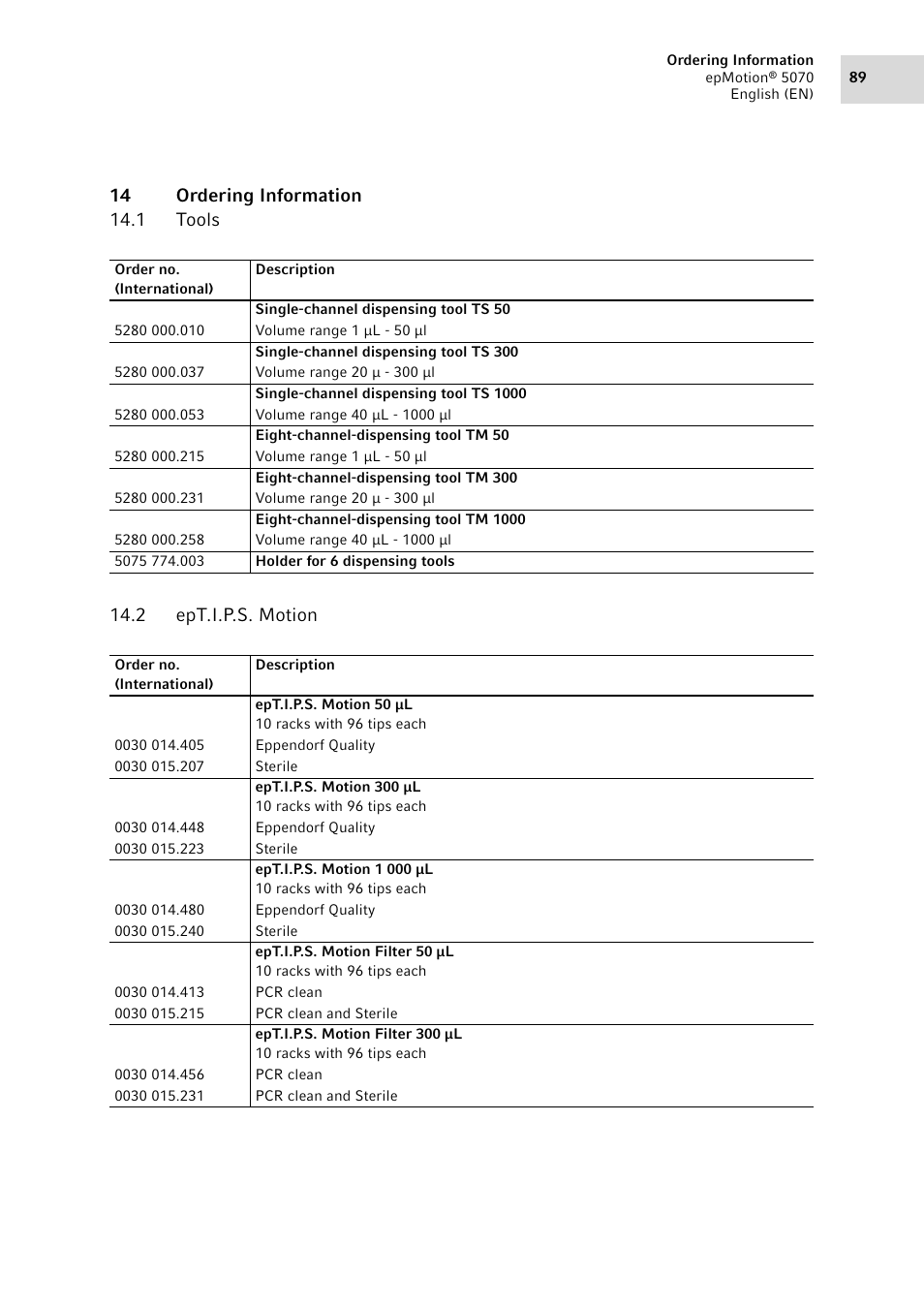 14 ordering information, 1 tools, 2 ept.i.p.s. motion | Tools, Ept.i.p.s. motion | Eppendorf epMotion 5070 User Manual | Page 89 / 100