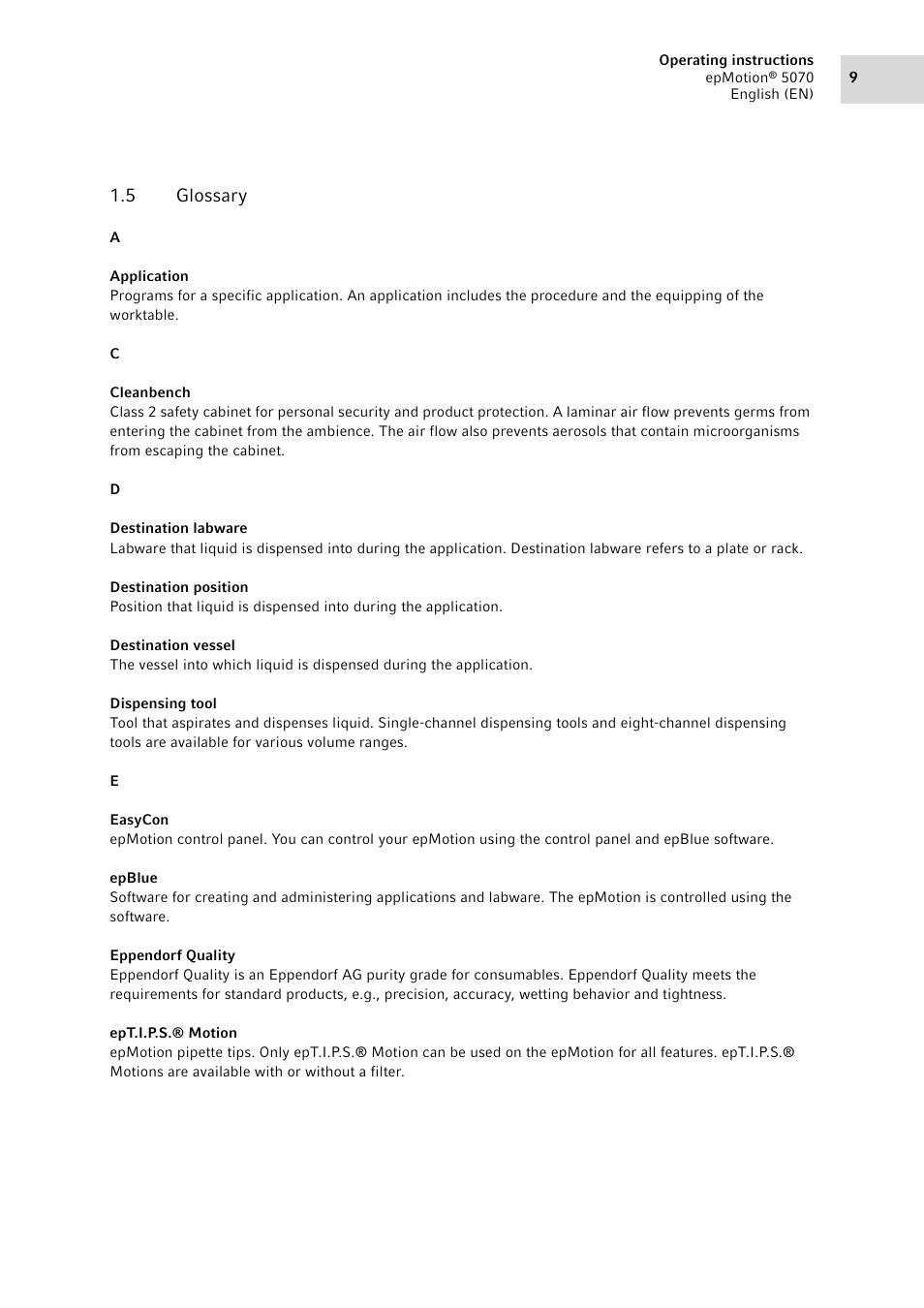 5 glossary, Glossary | Eppendorf epMotion 5070 User Manual | Page 9 / 100