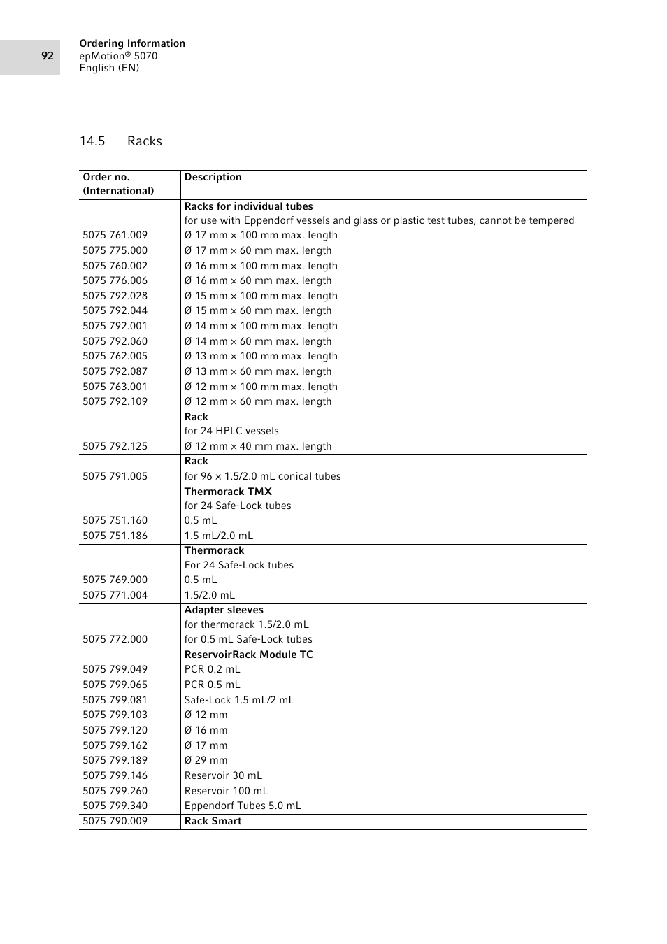 5 racks, Racks | Eppendorf epMotion 5070 User Manual | Page 92 / 100