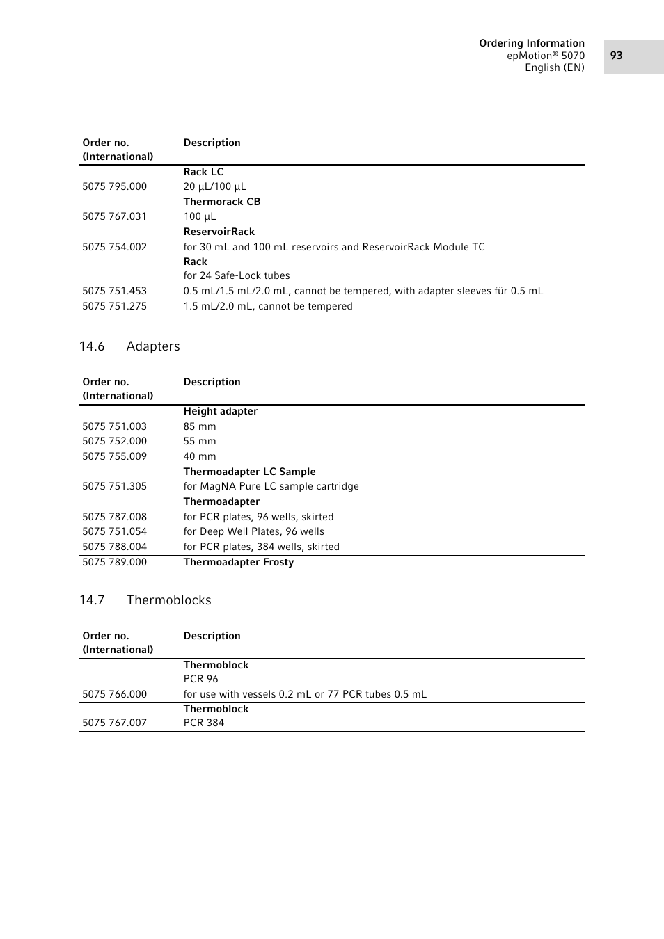 6 adapters, 7 thermoblocks, Adapters | Thermoblocks, 6 adapters 14.7 thermoblocks | Eppendorf epMotion 5070 User Manual | Page 93 / 100