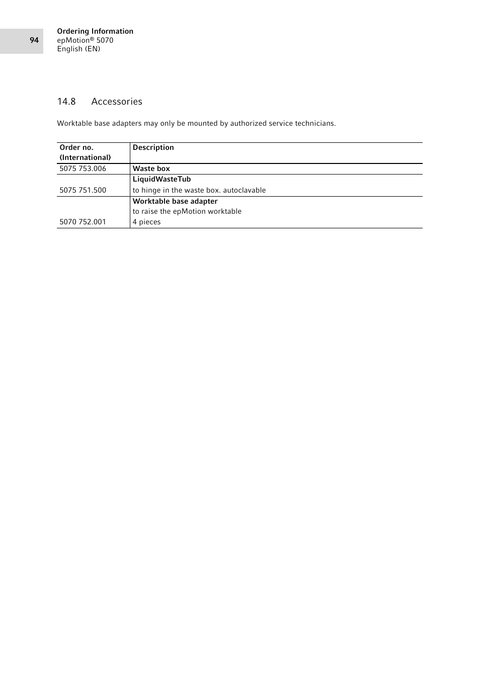 8 accessories, Accessories | Eppendorf epMotion 5070 User Manual | Page 94 / 100