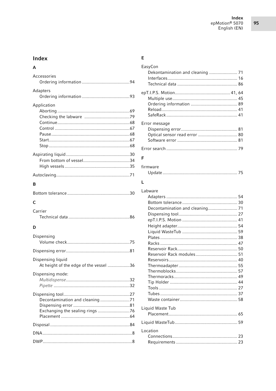 Index | Eppendorf epMotion 5070 User Manual | Page 95 / 100