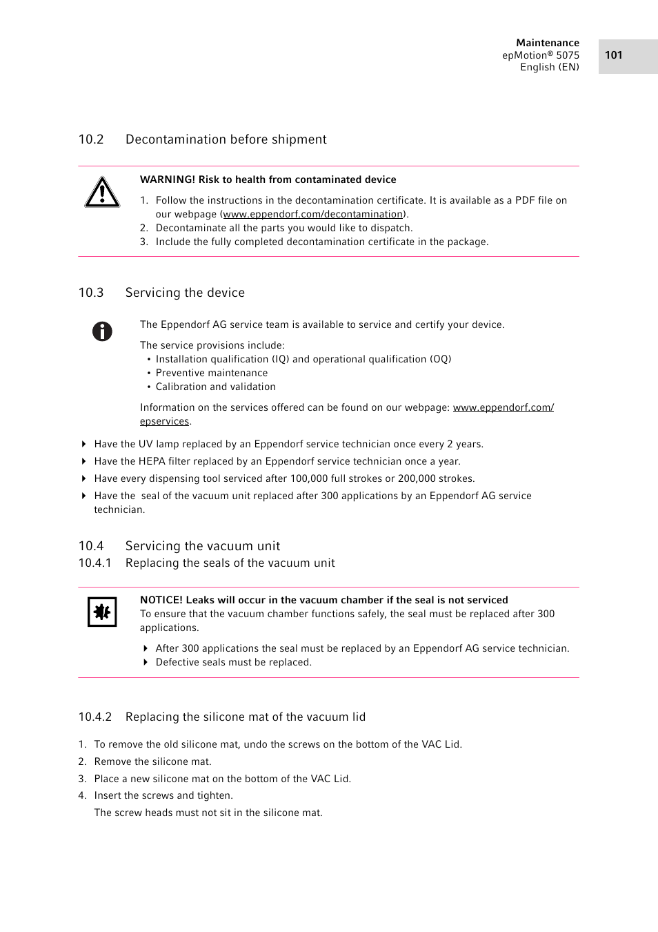 2 decontamination before shipment, 3 servicing the device, 4 servicing the vacuum unit | 1 replacing the seals of the vacuum unit, 2 replacing the silicone mat of the vacuum lid, Decontamination before shipment, Servicing the device, Servicing the vacuum unit 10.4.1, Replacing the seals of the vacuum unit, Replacing the silicone mat of the vacuum lid | Eppendorf epMotion 5075 User Manual | Page 101 / 130