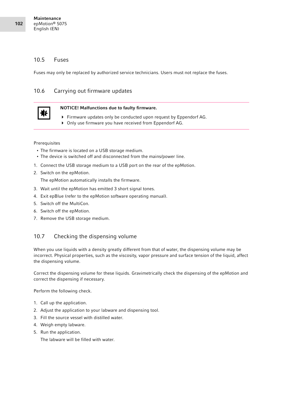 5 fuses, 6 carrying out firmware updates, 7 checking the dispensing volume | Fuses, Carrying out firmware updates, Checking the dispensing volume | Eppendorf epMotion 5075 User Manual | Page 102 / 130