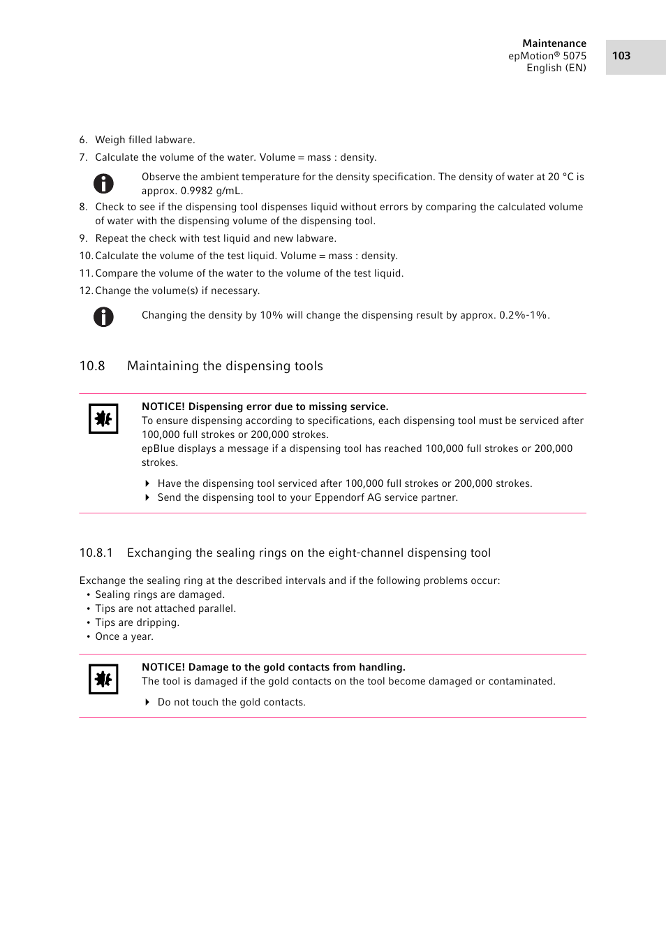 8 maintaining the dispensing tools, Maintaining the dispensing tools 10.8.1 | Eppendorf epMotion 5075 User Manual | Page 103 / 130