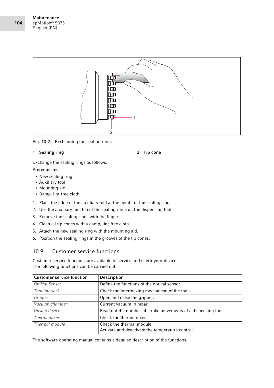 9 customer service functions, Customer service functions | Eppendorf epMotion 5075 User Manual | Page 104 / 130