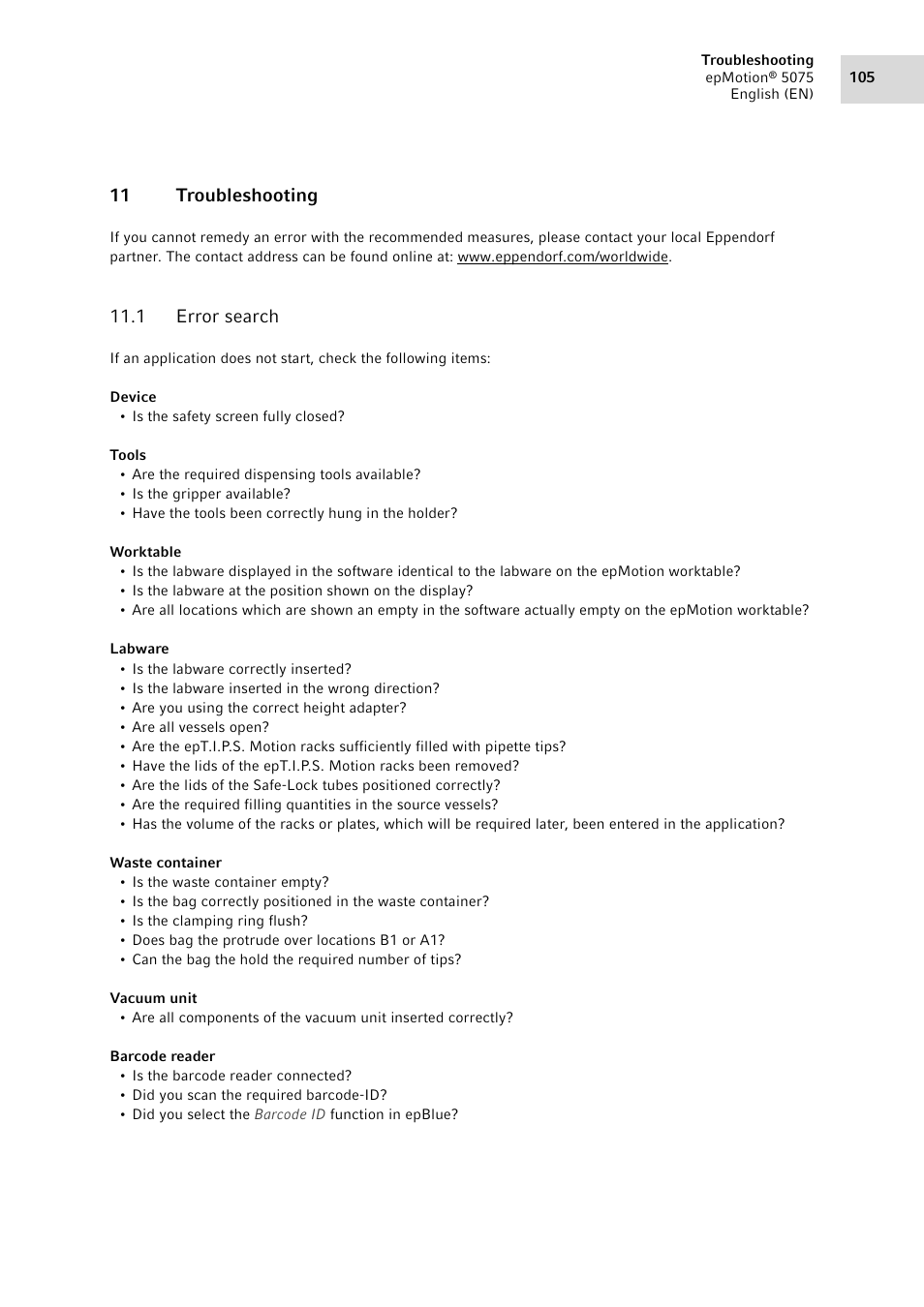 11 troubleshooting, 1 error search, Error search | Eppendorf epMotion 5075 User Manual | Page 105 / 130