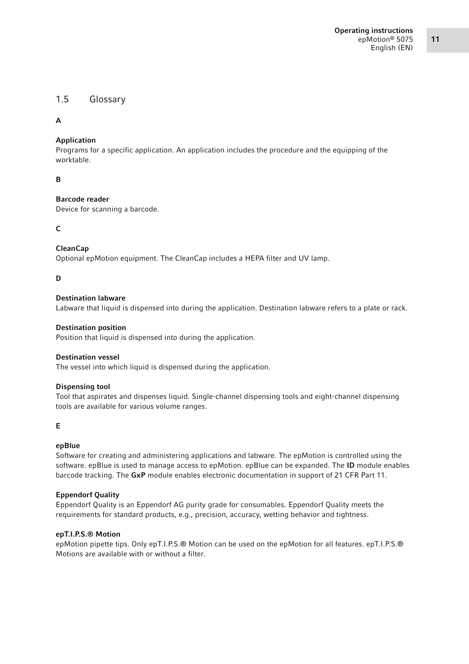 5 glossary, Glossary | Eppendorf epMotion 5075 User Manual | Page 11 / 130