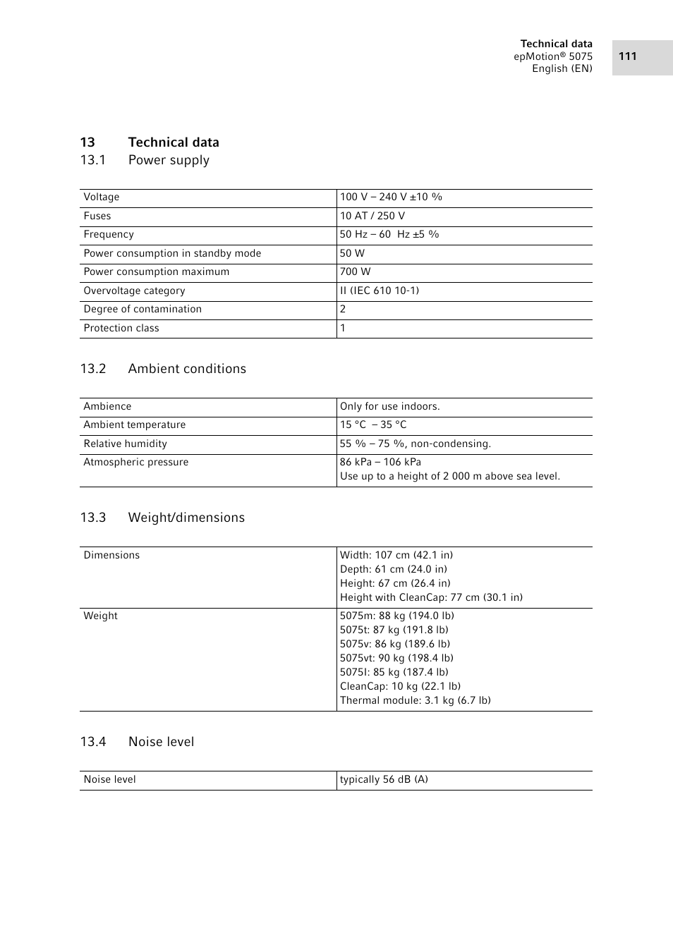 13 technical data, 1 power supply, 2 ambient conditions | 3 weight/dimensions, 4 noise level, Power supply, Ambient conditions, Weight/dimensions, Noise level | Eppendorf epMotion 5075 User Manual | Page 111 / 130