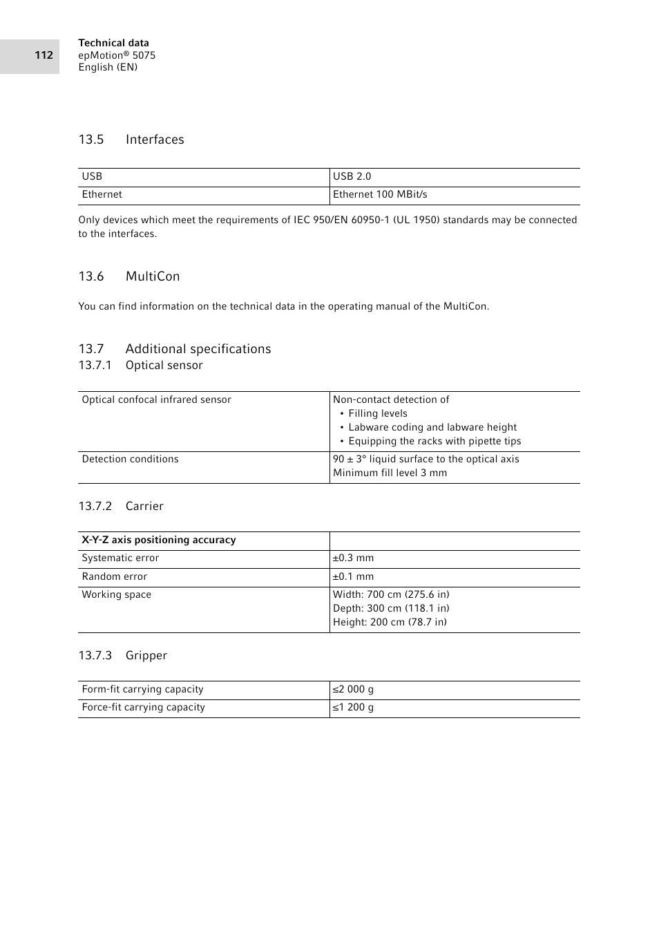 5 interfaces, 6 multicon, 7 additional specifications | 1 optical sensor, 2 carrier, 3 gripper, Interfaces, Multicon, Additional specifications 13.7.1, Optical sensor | Eppendorf epMotion 5075 User Manual | Page 112 / 130