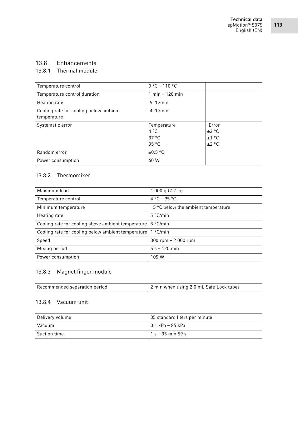 8 enhancements, 1 thermal module, 2 thermomixer | 3 magnet finger module, 4 vacuum unit, Enhancements 13.8.1, Thermal module, Thermomixer, Magnet finger module, Vacuum unit | Eppendorf epMotion 5075 User Manual | Page 113 / 130