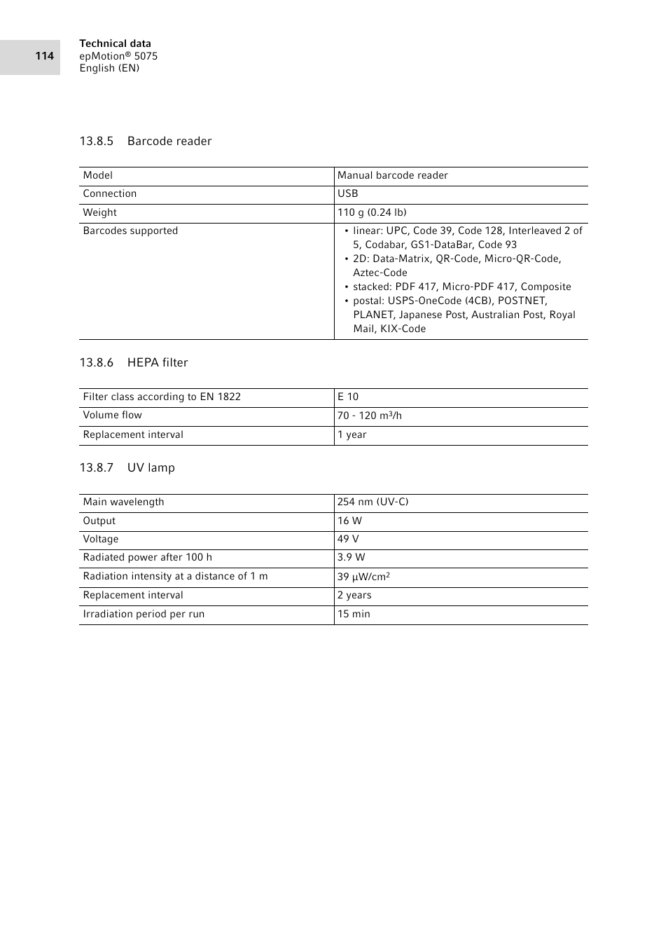 5 barcode reader, 6 hepa filter, 7 uv lamp | Barcode reader, Hepa filter, Uv lamp | Eppendorf epMotion 5075 User Manual | Page 114 / 130