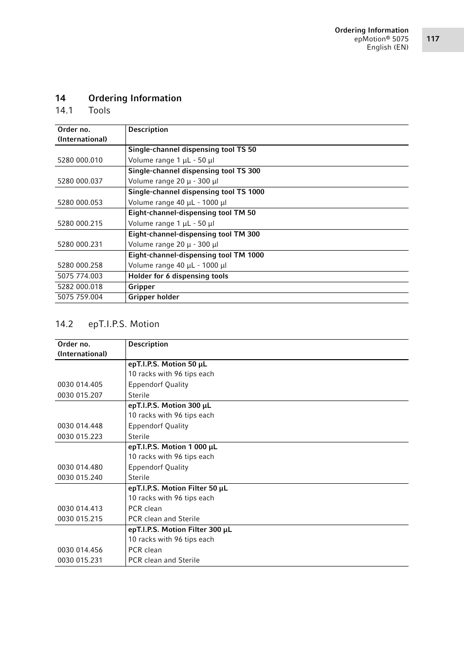 14 ordering information, 1 tools, 2 ept.i.p.s. motion | Tools, Ept.i.p.s. motion | Eppendorf epMotion 5075 User Manual | Page 117 / 130