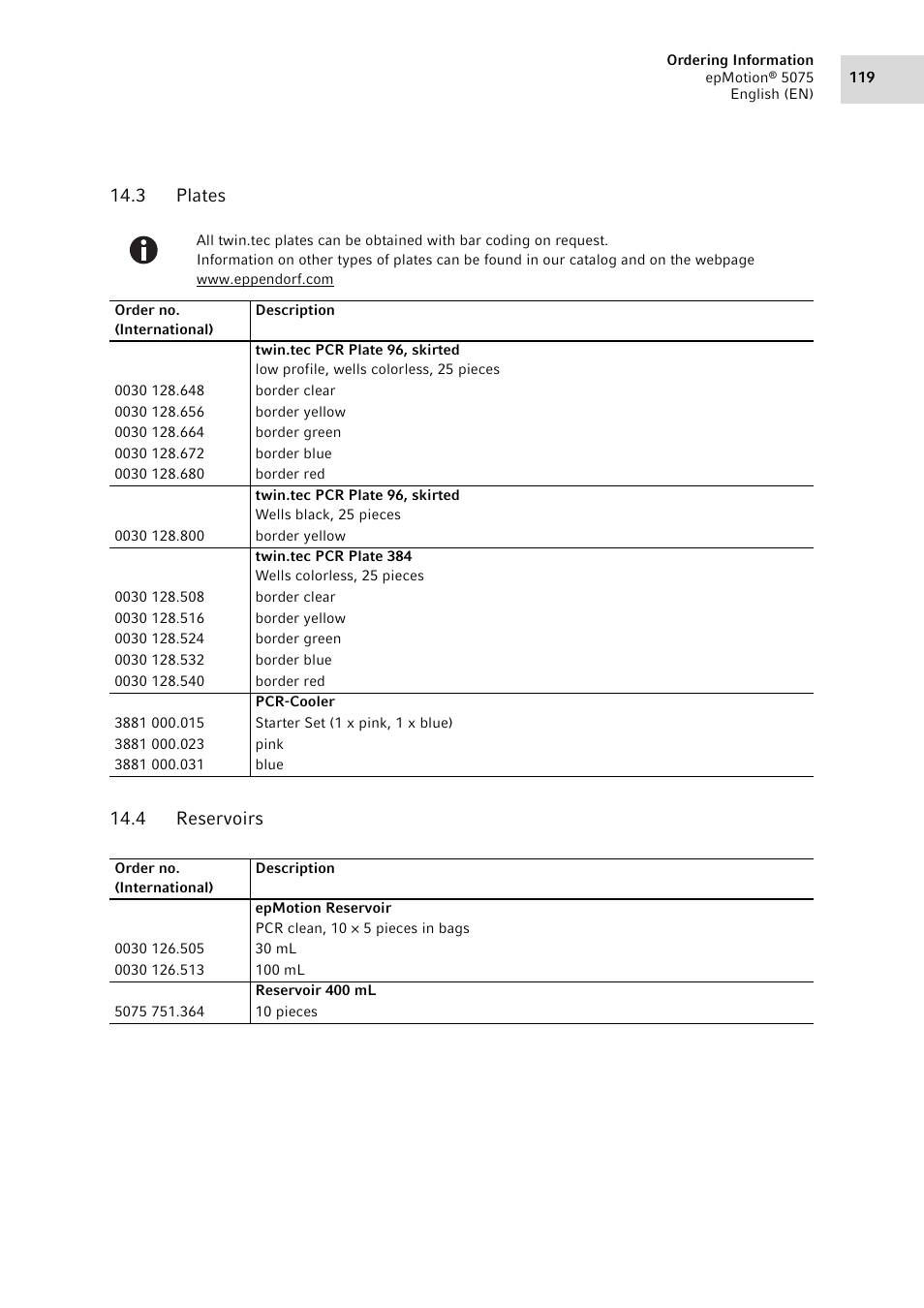 3 plates, 4 reservoirs, Plates | Reservoirs, 3 plates 14.4 reservoirs | Eppendorf epMotion 5075 User Manual | Page 119 / 130