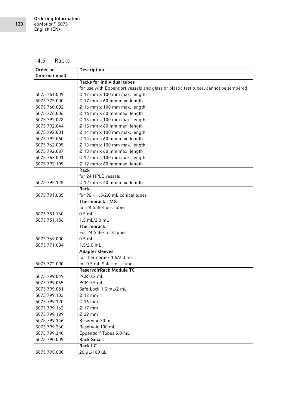 5 racks, Racks | Eppendorf epMotion 5075 User Manual | Page 120 / 130