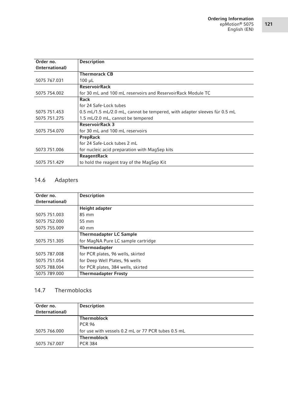 6 adapters, 7 thermoblocks, Adapters | Thermoblocks, 6 adapters 14.7 thermoblocks | Eppendorf epMotion 5075 User Manual | Page 121 / 130