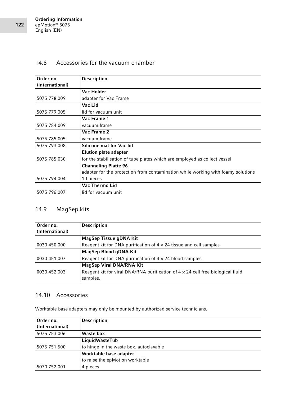 8 accessories for the vacuum chamber, 9 magsep kits, 10 accessories | Accessories for the vacuum chamber, Magsep kits | Eppendorf epMotion 5075 User Manual | Page 122 / 130