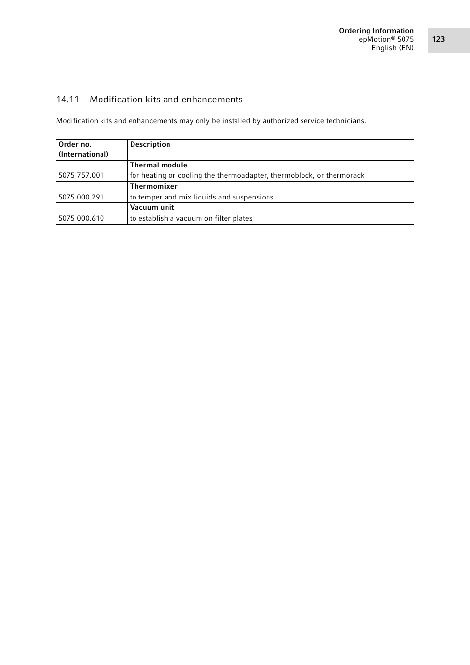 11 modification kits and enhancements | Eppendorf epMotion 5075 User Manual | Page 123 / 130