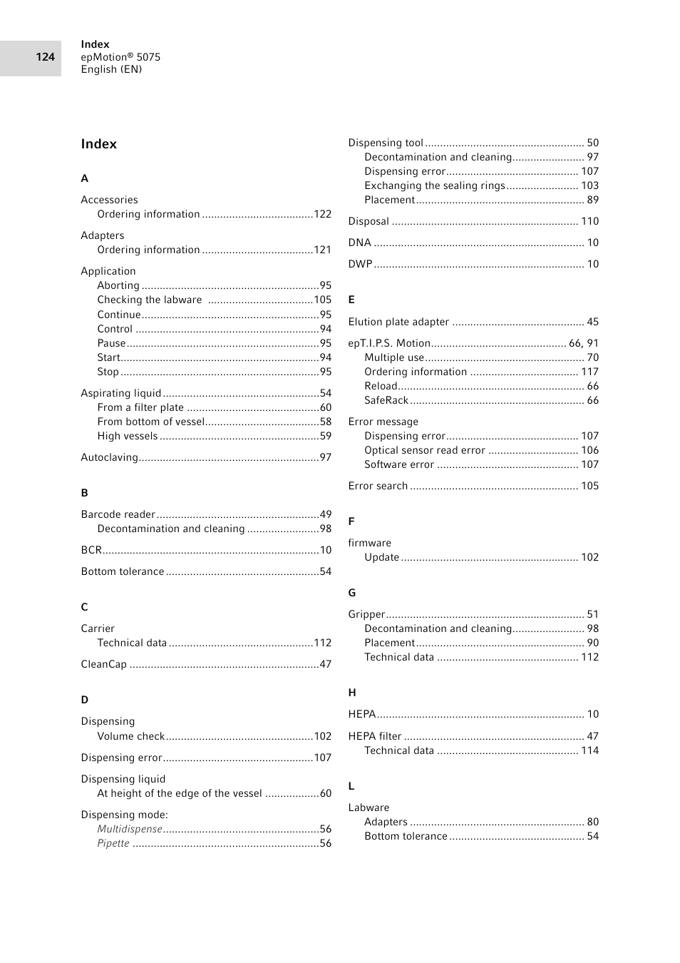 Index | Eppendorf epMotion 5075 User Manual | Page 124 / 130