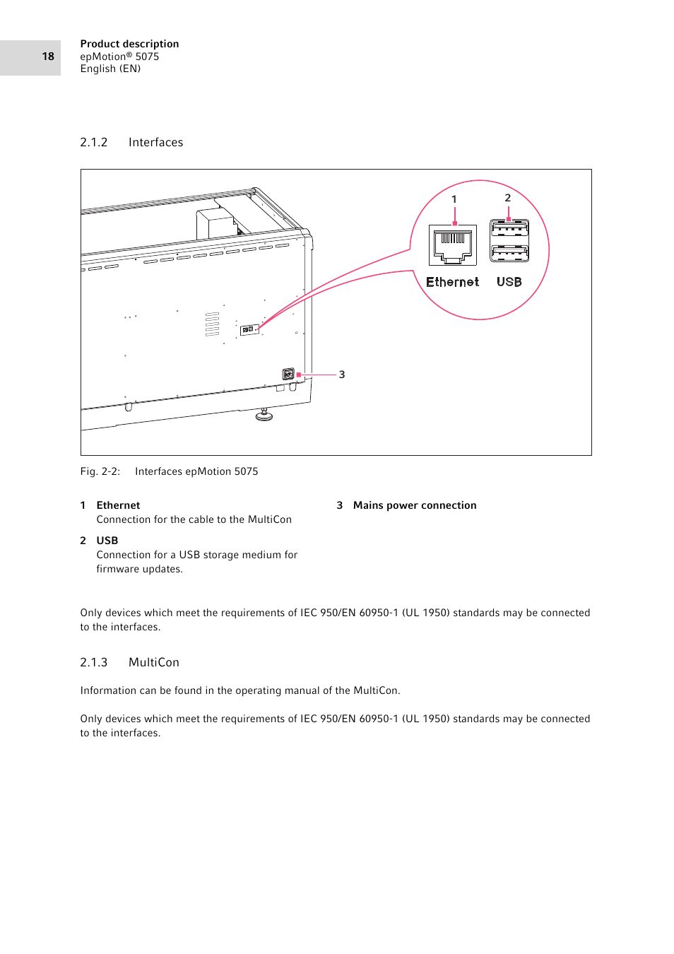 2 interfaces, 3 multicon, Interfaces | Multicon | Eppendorf epMotion 5075 User Manual | Page 18 / 130