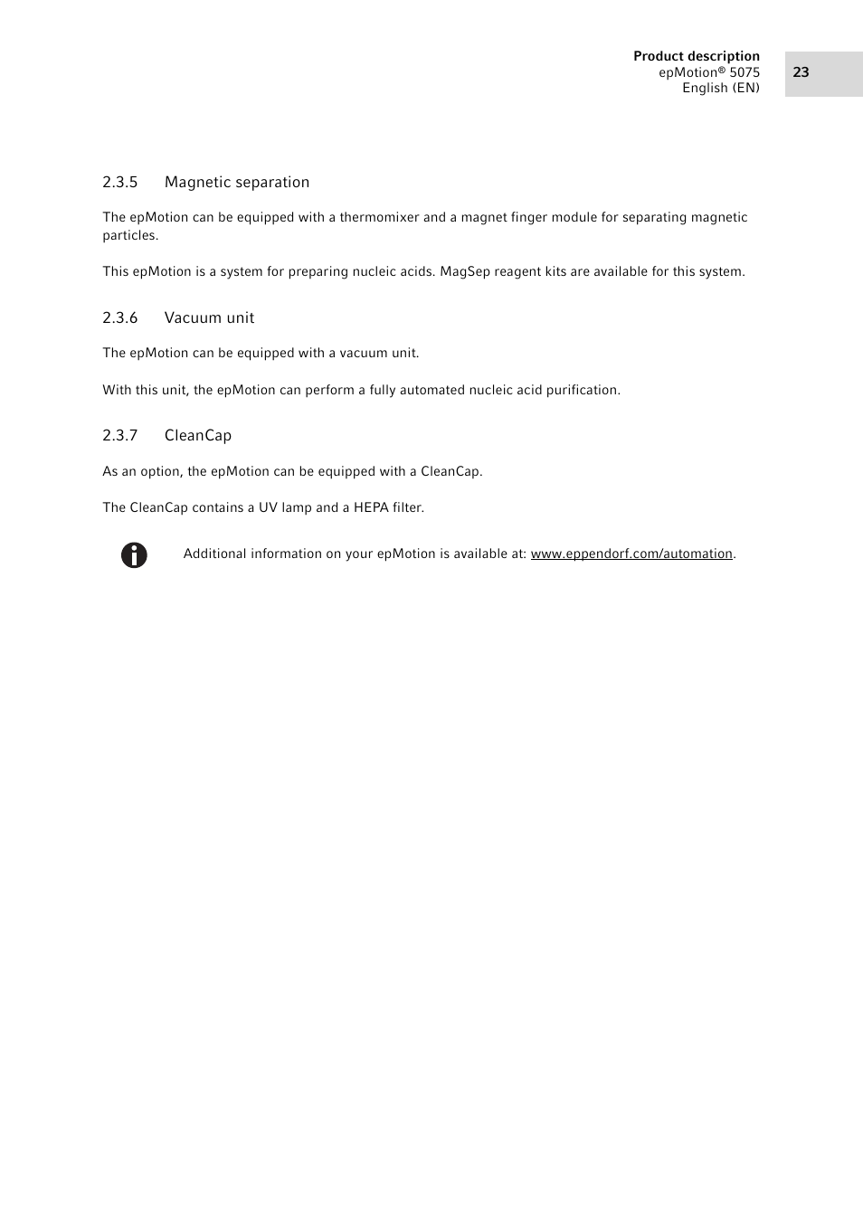 5 magnetic separation, 6 vacuum unit, 7 cleancap | Magnetic separation, Vacuum unit, Cleancap | Eppendorf epMotion 5075 User Manual | Page 23 / 130